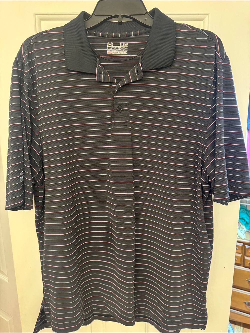 Under Armour Men's Black Polo with Pink and White Stripes